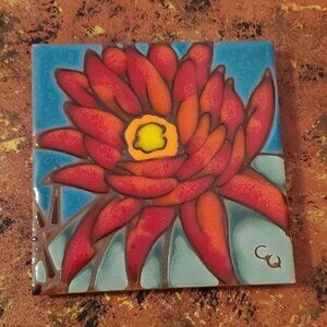 CARLY QUINN DESIGNS 4” TILE COASTER RED CACTUS FLOWER CORKED BACK EUC